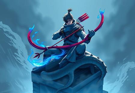 Create an image of a Blue Flame Swordsman sitting atop an Altar of Mist, inspired by Itō Seiu's works, with a snake for the lower half of his body. The character should be holding curved red arrows and a longbow, with a bold stroke style reminiscent of dynamic lighting. He should wear dark visors, an eyepatch, and have a taped-up appearance, with a photorealistic and semi-transparent feel. The image should be made in a style similar to Unreal 5 render, with dramatic and intricate details, and a blackshift, chromatic aesthetic.
