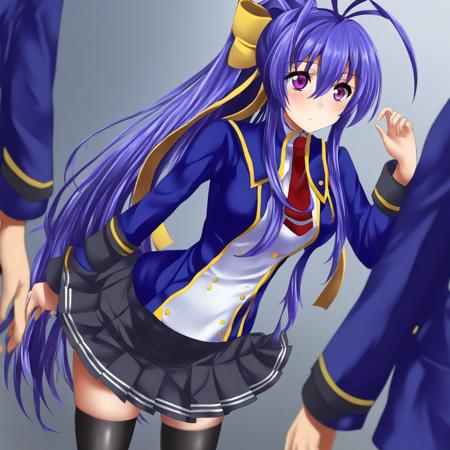 purple eyes, blue hair, long hair, antenna hair, ponytail, hair between eyes, long hair, sidelocks, yellow ribbon, dark persona, colored skin, gray skin, red eyes, dark purple hair, red facial tattoo, ponytail, hair between eyes, long hair, sidelocks, red ribbon, bare shoulders, backless outfit, sideboob, fingerless red gloves, white halter top with red trimming, black lowleg pants, hip vent, navel, midriff, school uniform, zettai ryouiki, white shirt, blue coat, red tie, pleated skirt, black skirt, black thighhighs, sunglasses, heart-shaped eyewear, eyewear on head, blue striped bikini, yellow straps, rims that is decorated with yellow ribbons, red hair flower, anklet, jewelry, headdress with two dark horns, backless outfit, metallic halterneck, cleavage cutout, collar with red feathers and a white cape attached, black pants, hip vent, hip vent with red feathers around inner thigh, black gloves, mechanical tail,