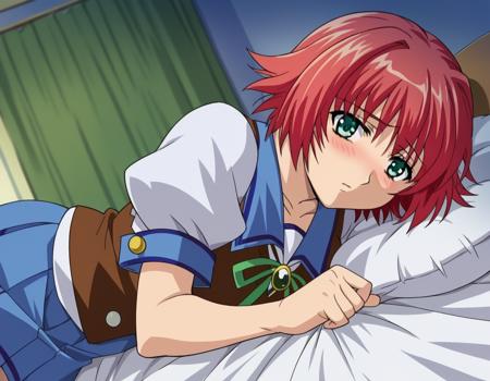 yoshimi kurahashi, short hair, green eyes, red hair, hair intakes, skirt, shirt, ribbon, school uniform, short sleeves, pleated skirt, serafuku, puffy sleeves, vest, puffy short sleeves, blue skirt, neck ribbon, green ribbon,