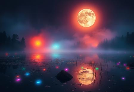 The reflection of the moon on the lake was a sign that the end was coming
Ethereal, surreal, dreamlike, multicoloured lights floating around, mist