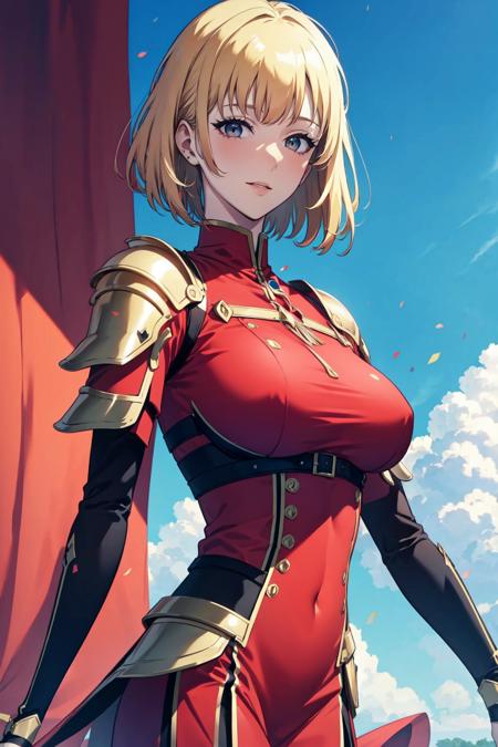 chae, 1girl, solo, looking at viewer, full, red dress, red costume, short hair, blonde hair, black eyes, upper body, parted lips, sky, artist name, armor, blue sky, shoulder armor, epaulettes, masterpiece, anime, realistic, high quality, magic, smile, blush, mature woman, big breast, slim, <lora:chae:1>, tight dress,