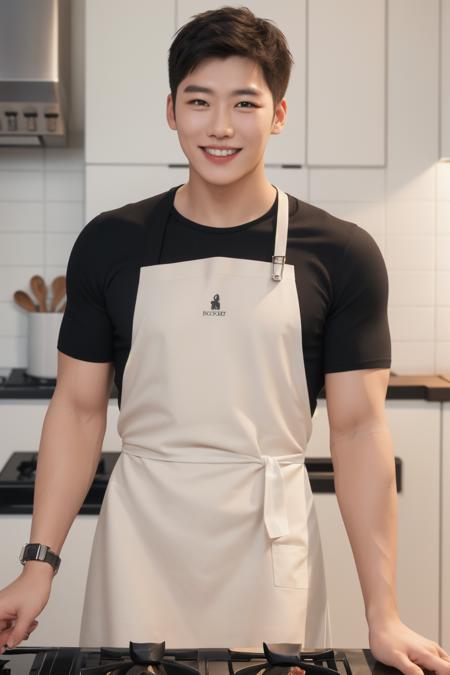 1boy, Short Spiky Hair, smile, teeth, watch, 
<lora:Max Huang:0.7:FACE>
(nude kitchen apron:1.2)
Muscular Frame,
looking at the viewer,
fish, steak,