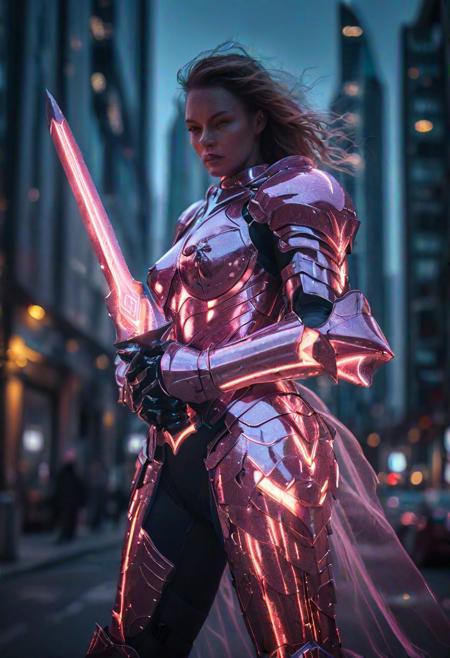 by night woman wearing translucent glowing pink glass armor, holographique armor, standing on a futuristic city street, fighting pose, dramatic light, cinematic grain, electric aura around her, hkstyle