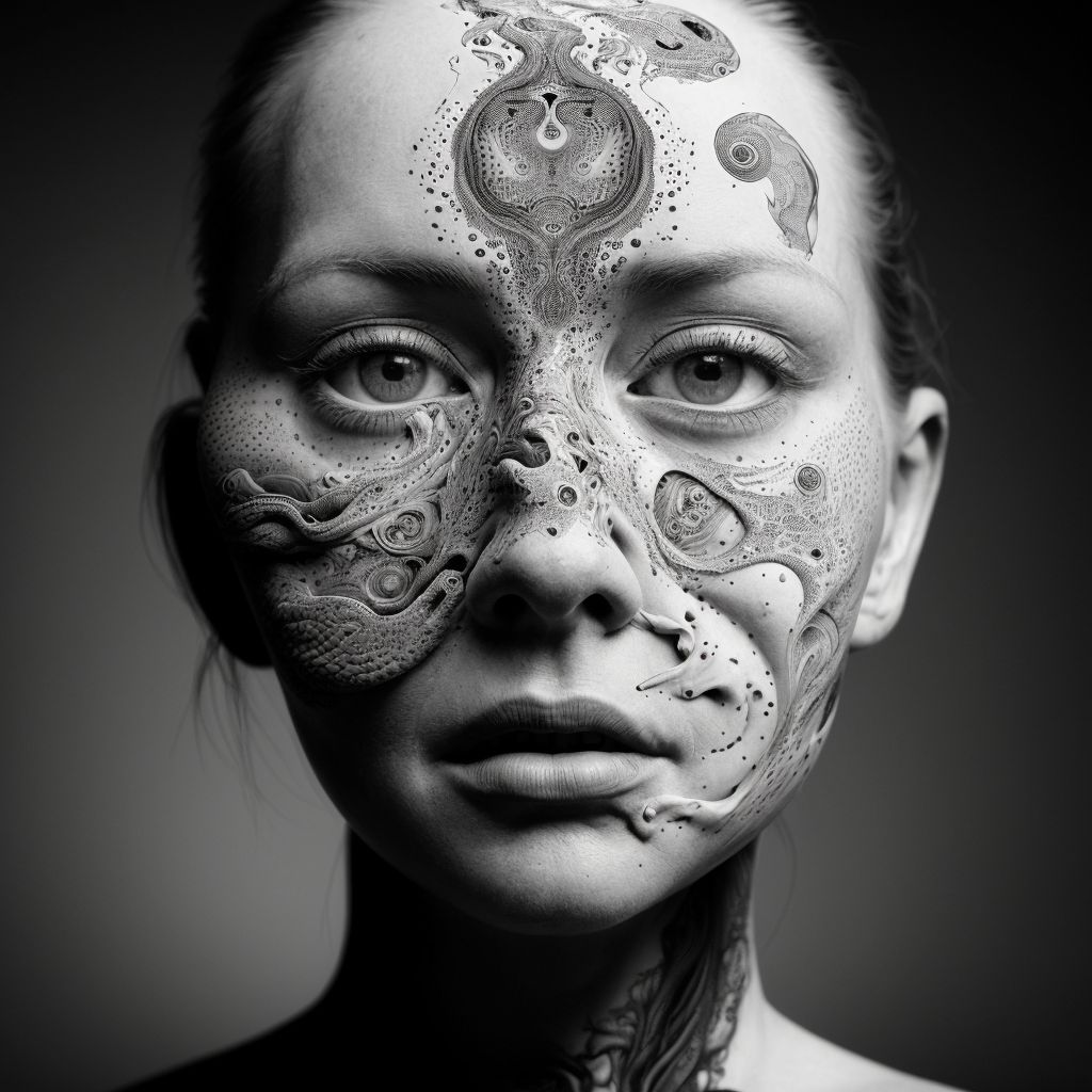 a hyper detailed abstract portrait of a woman,
deformed forms,
monochramatic,
aerial photography,
ink on paper,
intricate symbols,
thomas desjardins,
deijardon,