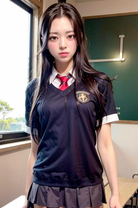 itzyyuna, long hair, day, in classroom, RAW,(8k, best quality, masterpiece:1.2),(intricate details:1.4),(photorealistic:1.4),octane render, complex 3d render ultra detailed, studio soft light, rim light, vibrant details, ultra detailed, realistic skin texture, detailed face, beautiful detailed eyes, extremely detailed CG unity 8k wallpaper, makeup, (detailed background:1.2), (cowboy shot:1.2),(perfect anatomy:1.2),(wide hip:1.1),(school uniform:1.5), <lora:itzyyuna-v1:1>