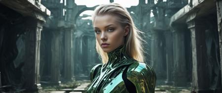 a beatiful young adult women of slender hourglass figure, with long undercut hair of mixed haircolor brunette and blonde, light green eyes, 
Reflective  face expression,
__bg/zoom__
(at the border) of  a a futuristic village  in the style of a mix of transhumanism and dystopian with fluid detail in the style of Ron Miller , we are outside of a graveyard which is built and decorated in the mixed style of cinematic lighting high contrast , , surreal futurism with smooth detail in the style of Vincent Di Fate and a mix of transhumanism and transhumanism with intricate detail in the style of Ian Miller 
((photo raw)),