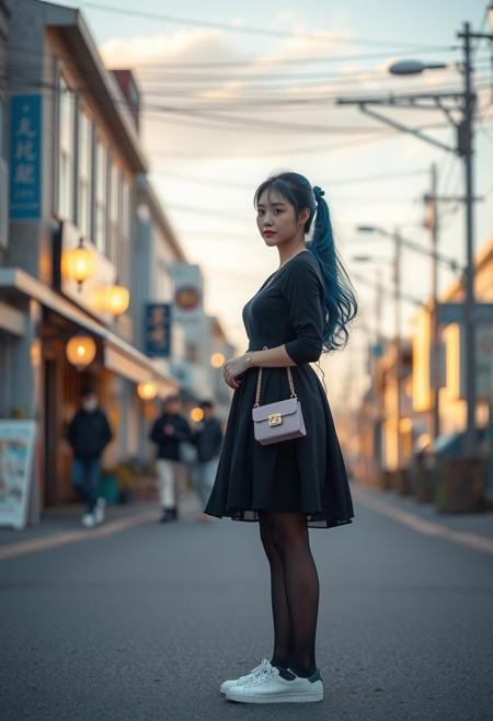 cinematic scenario, sunny, outdoors, on street, on a date, ultrarealistic, beautyfull scene, brooding, cozy lighting, early morning,
give me a image of a beauty woman((asian woman, korean woman, japanese, semi anime girl), cute girl, blue long hair, ponytail, hair, ornament, blue eyes, cute girl, lollita dress, aristocratich dress, lollita, cute dress, black dress,, black pantyhose, 7/8 pantyhose, egirl, white sneakers,little women's bag, chains, pink bag, pretty, girlfriend, kanojo