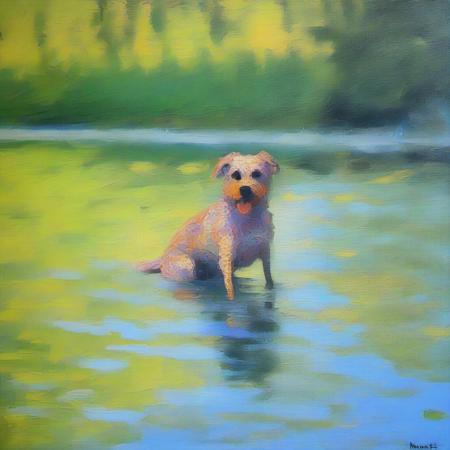 an impressionist painting of a dog by a lake in the style of Monet <lora:impressionism:1>