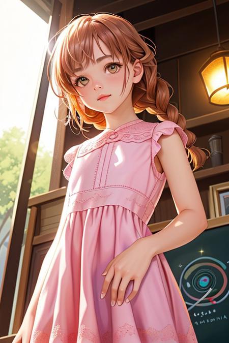 Masterpiece, best quality, realistic, 1girl, (face focus:1.4), red (french braid:1.2), (pink sundress:1.3), (intricate lace:1.1), art by Style-Empire, art by Style-Empire, small breasts, cleavage, (from below:1.2), (cowboy shot:1.3), sunny backlighting, (medieval tavern:0.9), art by Style-Tavern, (bloom:1.1), (light sparkles:1.2), (chromatic aberration:1.0), (shallow depth of field:1.3), (lens flare:1.2), looking at viewer, (dutch angle:1.0), perfect feminine face, (volumetric lighting:1.0), (detailed:1.0), (photorealistic:1.0), digital painting, (sharp:1), (realistic:1.0), cleavage