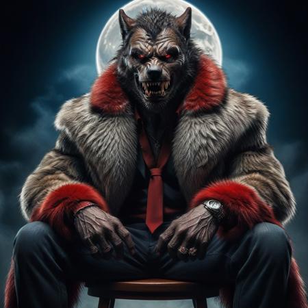 Detailed werewolf with red eyes , furcoat, moon in the background, sitting in a chair, evang, detailed face, detailed hair