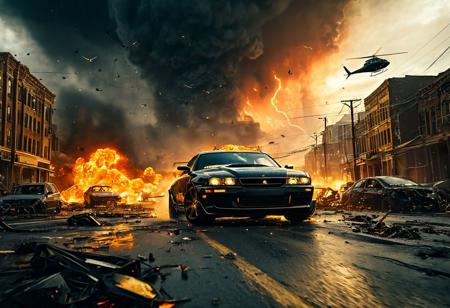 Create a dramatic scene featuring a sleek, black sports car with glowing golden rims speeding down a road. The car is surrounded by fiery explosions and debris, adding a sense of intense action and chaos. In the background, a city skyline is visible under a turbulent sky, with a helicopter flying amidst the destruction. A large tornado spirals upwards on the left side of the image, contributing to the overall sense of catastrophe. The lighting is dramatic, with the setting sun casting an eerie glow over the entire scene, enhancing the atmosphere of urgency and danger.