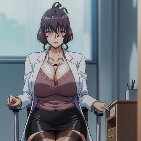 (beautiful hand:1.2), (masterpiece, best quality:1.3), Aiko Katsuragi, mature female, (full body shot:1.05), milf, (curvy:0.9), 1girl, anime face, sitting on chair, doctor, labcoat, stethoscope, short pencil skirt, (thighhighs:1.05), highheels, makeup, large breasts, lipstick, brown eyes, folded ponytail, brown hair, cleavage, perfect body, (athletic body:1.1), perfect eyes, anime eyes, smoky eyeliner, eyeshadow, perfect face, caring face, horny glance, blush, high sharpness, sharp focus, medical room, professional artwork, intricate details, vivid colors, Diffused lighting, digital blending, ultra detailed body, ultra detail hair, ultra detail face, trending on pixiv, <lora:AikoKatsuragi-000005:0.85>