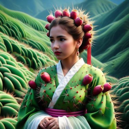 score_10 , score_9, score_8_up, score_8, Masterpiece, High Details, HD, 8K, Photorealistic, perfect, High Quality, 1girl, asian, branch, brown eyes, brown hair, cherry blossoms, chinese clothes made of Prickly Pear, collarbone, day, dress made of Prickly Pear, Prickly Pear earrings, Prickly Pear flower, grass, hair bun, latex hair flower, latex hair ornament, hanfu made of Prickly Pear, jewelry, light skin, lipstick, long hair, long sleeves, looking at viewer, makeup, mountain, nature, outdoors, petals, pink lips, green an white hanfu made of Prickly Pear, river, single hair bun, sitting, sky, sleeves past wrists, solo, tree, water, wide sleeves, green and white robe made of Prickly Pear, yokozuwari