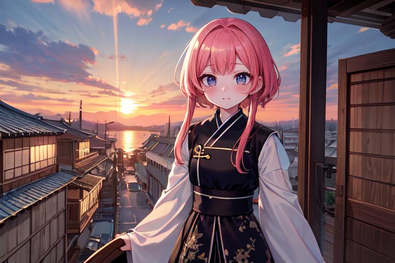 highly insanely detailed, masterpiece, top quality, best quality, highres, 4k, 8k, RAW photo, (very aesthetic, beautiful and aesthetic),  
sunspot,5un5p0t sun,rising high in the sky above, 
<lora:5un5p0t_SD1-5:0.5>, 
(1girl:1.3), 1other, 
, 
short hair with long locks, 
korean architecture,âââ