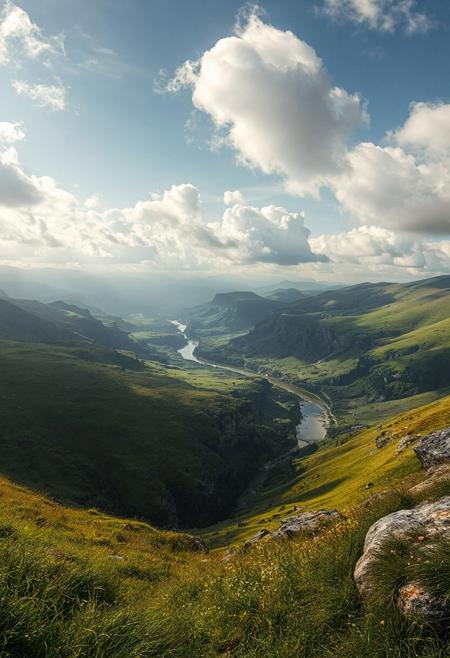 Generate a breathtaking panoramic landscape featuring rolling green hills, distant mountains, and a winding river snaking through the valley below. The sky is filled with fluffy white clouds illuminated by soft sunlight, creating a sense of depth and atmosphere. Focus on capturing the textures of the grass, rocks, and water, as well as the interplay of light and shadow across the terrain.  Render in a photorealistic style with high detail and vibrant colors. 8k resolution, cinematic lighting, inspired by Ansel Adams and Thomas Cole.