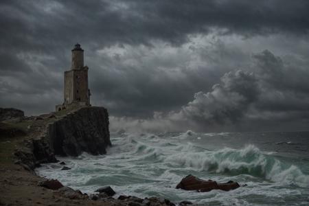 a movie still of a landscape, 
the (ruins:1.2) of an old lighthouse on the edge of a cliff above the stormy sea, (giantic waves:1.2) breaking on the cliff, the spray sprays up to the lighthouse,
cinematic,  night scene, gloomy, dark, scary, master piece, dark dramatic light, dramatic sky, dark clouds, ultra detailed, ultra high quality, sharp focus, 8k uhd, dslr, dark lighting, high quality,  low angle shot, 50mm f1.4, film grain, fujifilm xt3, by  Andrei Tarkovsky  <lora:XSArchi_01:0.8>