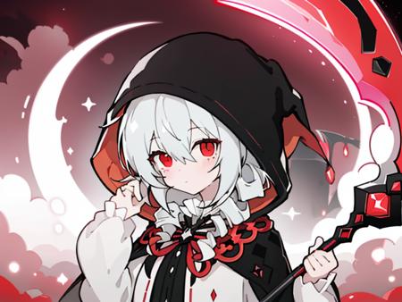 <lora:tebolika_lion-0000010:1>,1girl,scythe,red eyes,solo,holding scythe,bangs,holding,hood,looking at viewer,white hair,drill hair,moon,shirt,hair between eyes,white shirt,black cape,closed mouth,twin drills,long sleeves,full moon/(background/),hood up,sky,long hair,bow,weapon,red sky,upper body,flower,red moon,cape,holding weapon,cloak,cloud,