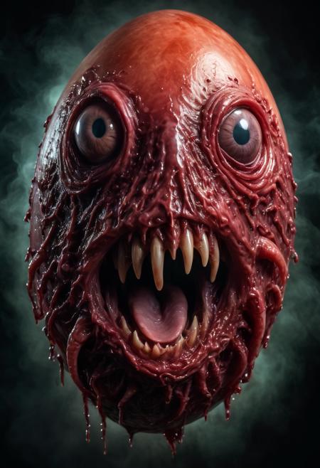 a lovecraftian red egg covered with human facial features, huge screaming mouth, large nose, fearful eyes, photo realistic, morph <lora:FleshmutantXLV4:0.8> eldritch abomination, fleshmutant, crying blood from eyes,  glow effects
