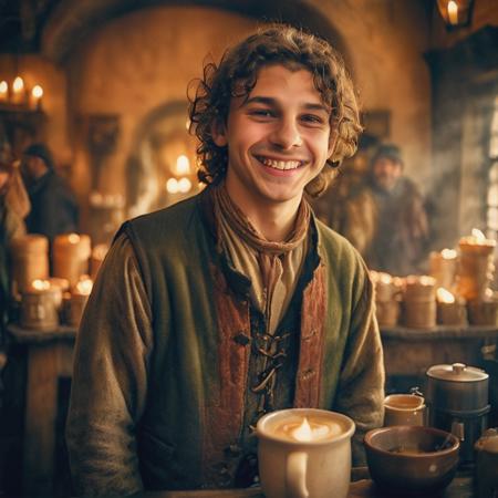 highly detailed documentary photo of vendor (coffee), 



solo, coffee mug, looking at viewer, smile, brown hair, black hair, 1boy, green eyes, jacket, upper body, male focus, teeth, indoors, grin, blurry, vest, depth of field, blurry background, bowl, curly hair, realistic, medieval coffee shop, coffee pot


cute face, looking at viewer,

depth of field, blurry background,

medieval store,

masterpiece, best quality:1.1, 

ultra photoreal,
photorealistic:1.0, 
depth of field:1.1, 
(edge lighting:1.2),
(shadow play:1.2),

50mm, style of Nathan Wirth, Hasselblad X1D II, Porta 160,
