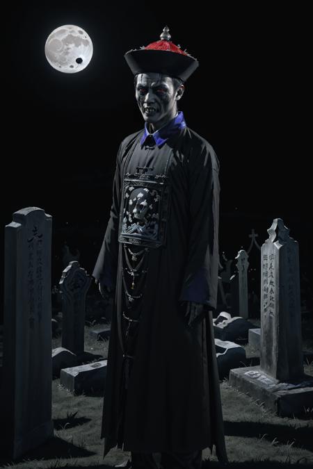 ((masterpiece)),((best quality)),8k,high detailed,ultra-detailed,intricate detail,((1boy:1.2)),jiangshi costume,huangfu,((huanfu paper:1.2),(huangfu paper on head), (Spine-chilling ambiance:1.2), (Macabre lighting:1.1), in a moonlit graveyard, (Mysterious fog:0.8), Haunting and terrifying, The jiangshi's costume is ancient and worn, (Decrepit, undead appearance), (Eerie glow:1.2), (Ancient tombstones:1.1), (Casting eerie moon shadows), Rendered in a gothic style, Black and white, eerie, Maxon Cinema 4D, A jiangshi in an unsettling pose under the moonlight in a sinister graveyard,<lora:QDjiangshi:0.7>,