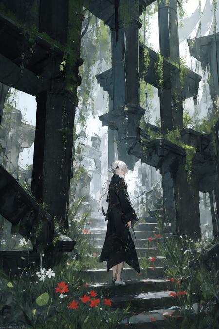 (masterpiece:1.2), best quality,realistic,
1girl, scenery, solo, stairs, long hair, ruins, standing, from behind, outdoors, artist name, white hair, wide shot, overgrown, facing away,Red lycoris
 <lora:ghostdom_20230621222536-000016:1>