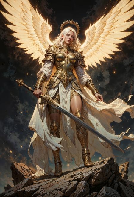 a highly detailed, digitally rendered illustration depicting a powerful, female angelic figure standing on a rocky terrain. The female angel has long, flowing white hair cascading down her back. Her skin is fair, and she is adorned in elaborate, golden armor that covers her chest, arms, and legs, giving a sense of both strength and nobility. A white, tattered cape billows behind her, adding a dynamic sense of movement to the scene.
The most striking feature of this beautiful angel is the enormous, luminous golden wings that spread majestically behind her. The wings are detailed with intricate feather-like structures, glowing with an ethereal light that contrasts sharply with the dark, rocky background.
The angel holds a large, gleaming sword in her right hand, which is poised as if ready for battle. The sword's blade is sharp and reflective, catching the light from the wings. The background is dark and ominous, with rocky formations and a smoky, swirling atmosphere, enhancing the dramatic and otherworldly feel of the image.
The overall style of the illustration is highly realistic with a fantastical twist, blending elements of classical mythology with modern digital art techniques.