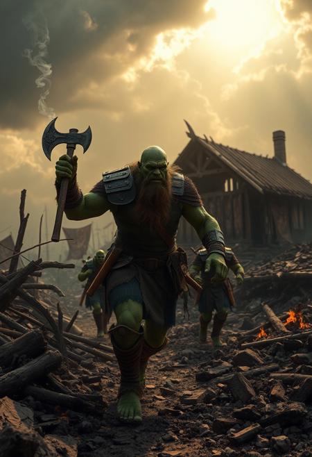 analog film photo hyperrealistic art ray of sunlight breaks through the clouds, musculated green-skinned Orcs-vikings  running amidst the ruins of a once-great village, reduced to ashes and rubble.  Armor is scorched, background is filled with the remnants of smoldering buildings, with the sky above heavy with dark, swirling clouds.Scorched wooden beams from collapsed structures protrude from the rubble, blackened and twisted by fire.Thin tendrils of smoke rise from smoldering piles of ash and debris, adding a sense of recent destruction.The skeletal remains of a Viking longhouse stand in the background, with its roof caved in and walls partially collapsed, viking banners bsckground, holding viking flag raised up in left hand, his expression filled with pride and sorrow as he gazes at,  cinematic, realism, huge size worn axe in right hand, without a beard, no beard, . extremely high-resolution details, photographic, realism pushed to extreme, fine texture, textured skin, remarkable detailed pupils, realistic dull skin noise, visible skin detail, skin fuzz, dry skin, shot with cinematic camera . faded film, desaturated, grainy, vignette, vintage, Kodachrome, stained, highly detailed,  Photorealistic, analog style, soft lighting, subsurface scattering, realistic, heavy shadow, masterpiece, best quality, ultra realistic, golden ratio, Intricate, High Detail, film photography, soft focus <lora:FluxDFaeTasticDetails:1>, (((many orcs around))), big white castle behind,