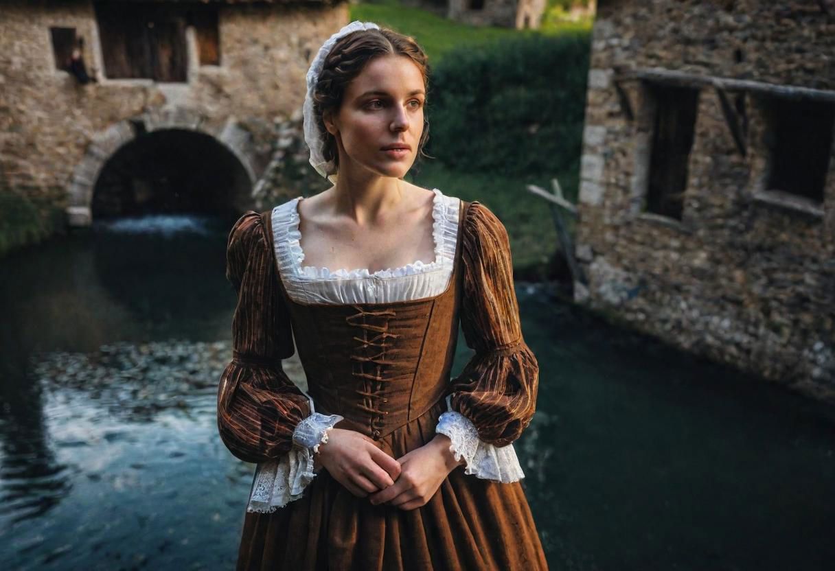 masterpiece, best quality, ultra highres, natural skin texture, brown hair, brown eyes, beautiful  20yo Lucia Mondella (I Promessi Sposi), natural skin texture, ((1600's italian poor woman dress)), near a Watermill in Brianza, Spring,  24mm, 8k textures, soft cinematic light, adobe lightroom, photolab, hdr, intricate, elegant, highly detailed, sharp focus, ((((cinematic look)))), soothing tones, insane details, intricate details, hyperdetailed, low contrast, soft cinematic light, dim colors, exposure blend, hdr, faded, full body, ((small eyes)), hyperealistic
