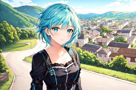 (((masterpiece))),(((best quality))),((ultra-detailed)),solo,1girl, sinon, aqua hair, aqua eyes, short hair, bangs, close-up,  facial shot, village in the background, middle ages, arms behind back<lora:pixelStyleLoraLora_pixelStyle_3232pixel:0>