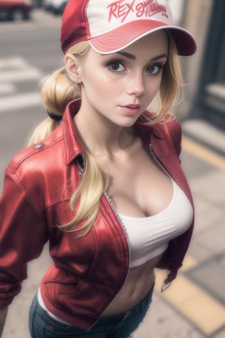 CutieTerry, 1girl, solo, blurry background,close-up , portrait, blonde, ((masterpiece)), (red jacket), view from above,  blonde ponytail, (red trucker cap), face <lora:CutieTerry-000003:1> closing jacket