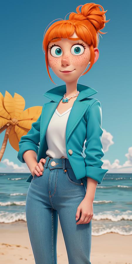 1girl, Orange hair in a bun, green eyes, slight smirk, freckles on cheeks, thin eyebrows, white necklace with a bow, teal jacket, pale skin, standing, cartoon, (pixar:1.2), Lucy Wilde, ocean, sand, palms, <lora:Lucy_Wilde:1>, long nose, bangs, jeans