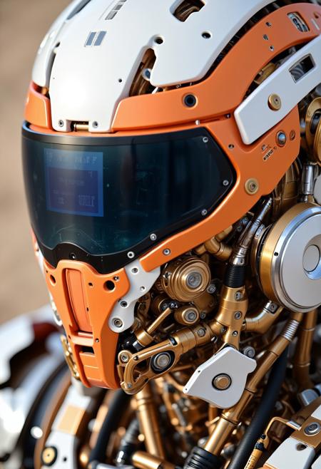 ajchrobo, a Photography of a massive armored bedouin soldier Holding an alien Pulse rifle. Closeup of His futuristic egypt inspired Neon Orange and white highly reflective helmet with an digital Display Visor Showing ASCII Art Peace sign glitches, and shoulder pauldron Closeup shot of a high reflecting metallic Finish mechanical knight in a desolate bleaked desert backdrop, amidst a fierce thick sandstorm, bad sight, dense atmospheric haze and fog, volumentric backlighting