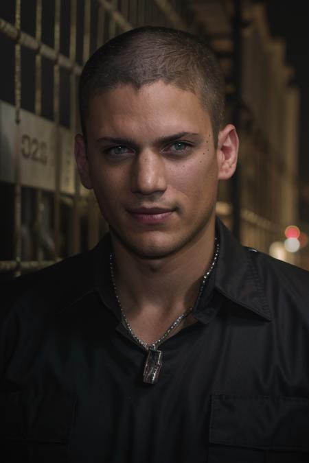 upper body portrait, w3nm1l, handsome man, facial focus, looking at viewer, piercing eyes, handsome, buzz cut, short hair, night photography, in an dark grey prisoners uniform, dogtags, in an alleyway at night, amateur, candid