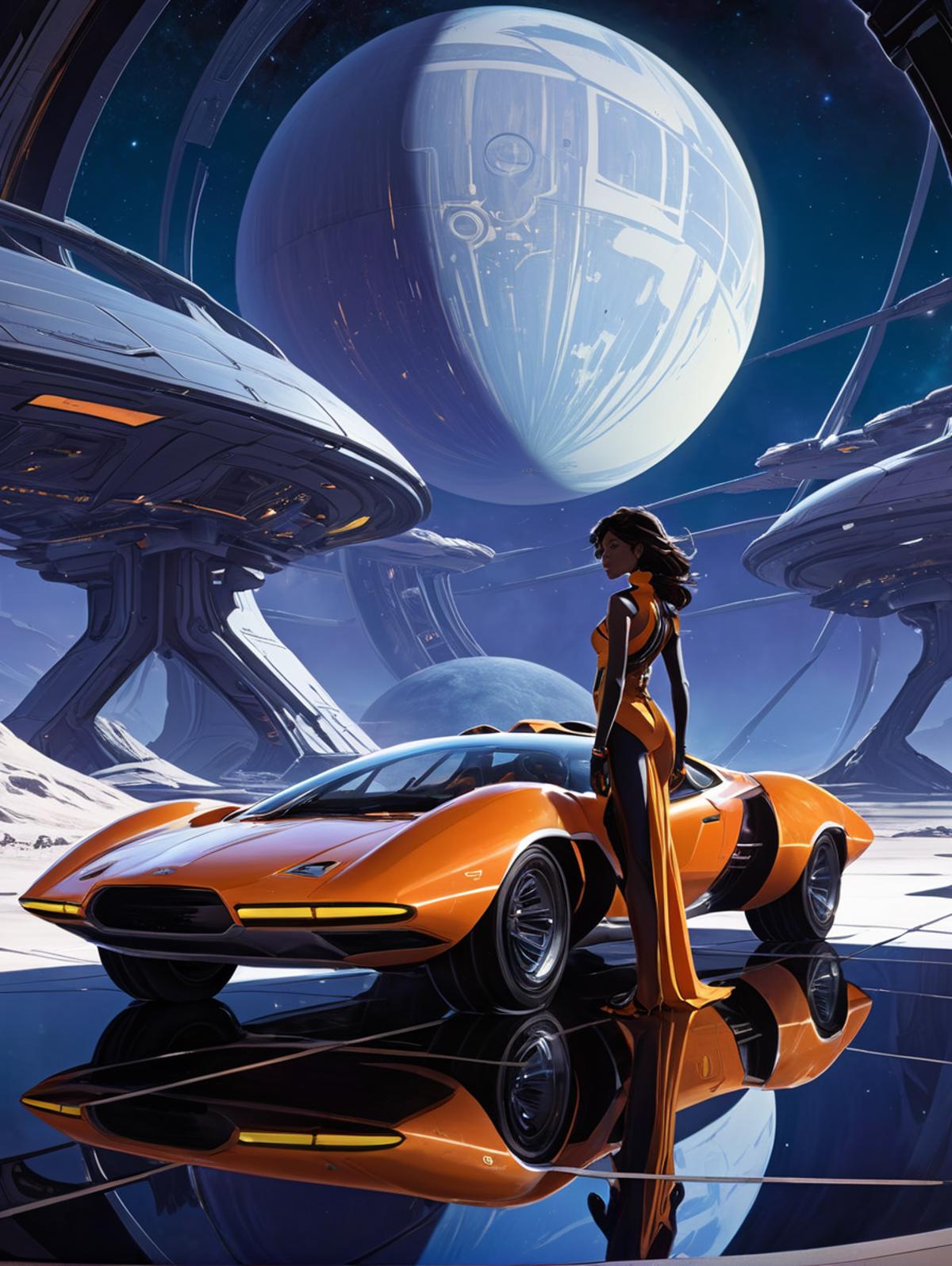 Futuristic Orange Race Car with Woman Standing in Front of Spacecraft