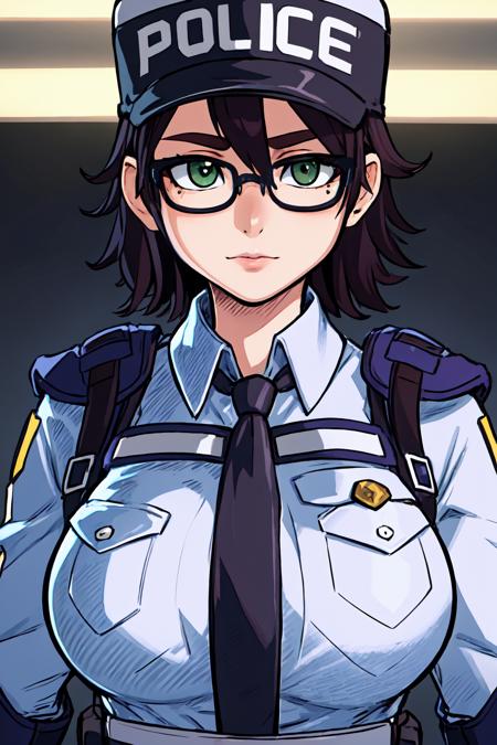 portrait, sharp focus, soft lighting,  (highly detailed face), (highly detailed eyes), illustration, depth of field,  mariewentz, black-framed eyewear, green eyes, police hat, breast pocket, clothes writing, necktie, police uniform, policewoman,    <lora:mariewentz-000003:0.75>  <lora:asanagi:0.35>