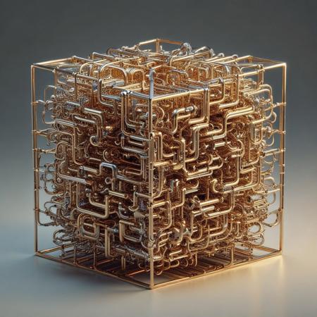 raw photograph of a surreal cube constructed entirely of interwoven brass pipes in qu4ntum style, glowing silver wires spiraling along the edges, intricate golden circuitry engraved across the surfaces, quantum energy pulses radiating softly from its hollow core, set against a dark void with swirling neon energy trails