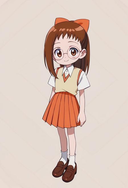 Hazuki1, 1girl, brown hair, ponytail, brown eyes, glasses, orange bow soft yellow waistcoat, short-sleeved collared white buttoned shirt pleated orange skirt socks brown shoes <lora:Hazuki1:1>