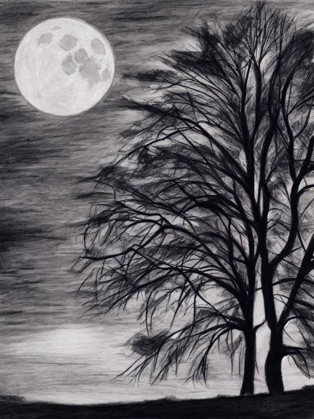 a drawing of a full moon with trees in the foreground dark sky and clouds in the background, (a charcoal drawing) <lora:MINT_ArtistToolLORA_v1:1.0>