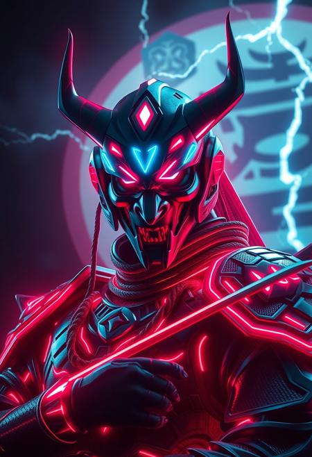 masterpiece, best quality, volumetric lighting, neon colors, dark background, 1man, male, closeup, Raijin with an oni mask, god of thunder, god of lighting, god of lightning, thunder, and storms, cyber tron neon Raijin armor, full armor, Covered face, covered eyes, standing in front of a tomoe, tomoe background, cyber horns, ninja pose, kunai, blades, flying raijin, so fast leaving mirages, katana