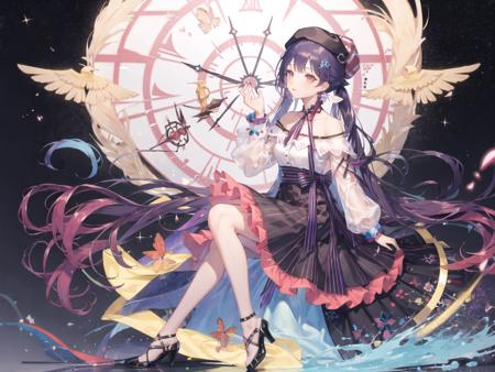 ((masterpiece)), (((best quality))), ((extremely detailed)), ((colorful)), hdr, 1girl, solo,<lora:xinhua:0.6>, xinhua,hat, sitting, view from side,dynamic angle, full body, twintails, white shirt, very long hair, dress, bare shoulders, long sleeves, bangs, skirt, red eyes, halterneck, beret, black headwear, low twintails, high heels, earrings, white footwear, jewelry, collarbone, hair ornament, shirt