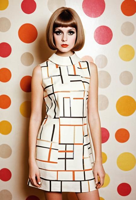 raw photo, full body photo,beautiful girl, 25 y.o. , youth subculture of the 60s, 1960s Mod Girl: With a Twiggy-inspired haircut and a bold, geometric dress, she channels the mod fashion of the swinging sixties. Her makeup is minimal yet striking, with exaggerated eyelashes and pale lips, grainy