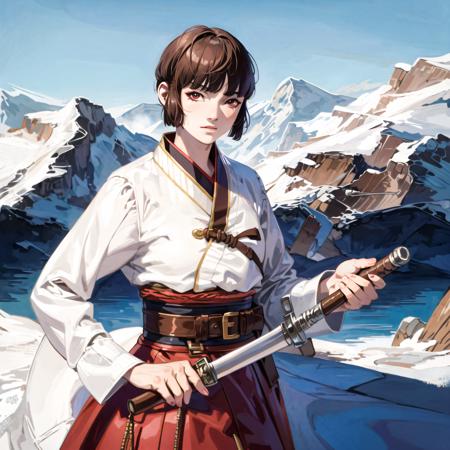 (snowy mountain cabin, gorgeous view)
(cowboy shot), sfw,  (masterpiece), (best quality:1.0), (ultra highres:1.0), detailed eyes, detailed clothing texture, beautiful face, Isabeau holding weapon, scabbard, sword
hanbok, brownish red eyes
<lora:Isabeau_SMT4:0.6> ,  <lora:korean, hanbok:0.6>