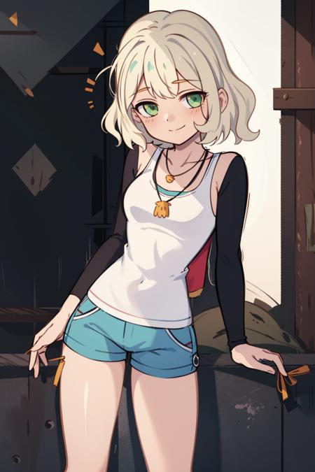 (masterpiece, best quality, high resolution:1.4), 1girl, jackie lynn thomas, blonde hair, short hair, embarrassed, blush, light smile, looking at viewer, short pants, white long tank top, green long sleeves, <lora:JackieLynnThomas_v1:1>, outdoors, night