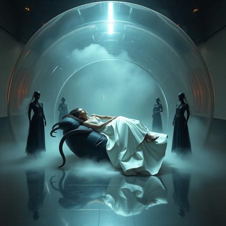 Ethereal, raven-haired Norwegian socialite, clad in a sumptuous, silk satin wedding gown and stiletto heels, laying in  giant black glossy ring satin pillow, ensnared within a gargantuan, crystalline jelly dome, its translucent walls glistening with an otherworldly sheen, as if infused with an extraterrestrial essence. Tentacles, like ghostly fingers, wrap around her lithe form, emerging from the depths of a fog-shrouded abyss, while a coterie of black, Victorian-era mannequins, draped in tattered, luxurious wedding ball-gowns, stand as silent witnesses, frozen in a tableau of macabre elegance. Above, a blindingly intense light beam illuminates the scene, casting an eerie glow upon the polished steel floor, which seems to stretch on forever, like a catwalk into the very abyss of madness. The atmosphere is heavy with foreboding, as if the very fabric of reality is about to unravel, revealing the dark, labyrinthine recesses of a long-abandoned, cosmic horror of alien emperor bed-chamber. Inspired by the surreal, biomechanical visions of H.R. Giger, the eerie, atmospheric lighting of Roger Dean, and the masterful, cinematic storytelling of Ridley Scott, this haunting, live-action film still is a testament to the transcendent power of cinematic art, with its meticulously crafted, 35mm film aesthetic, replete with subtle, film grain textures, and a rich, color graded palette, evoking the very essence of a bygone era, lost in the depths of space and time.
