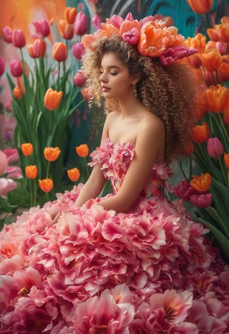 A captivating, conceptual artwork featuring a beautuful 18 years old girl with curly hair sitting gracefully on a majestic creature's back. The creature appears to be a blend of animal and mythical elements. The girl's dress is meticulously crafted from delicate tulip petals, resulting in a symphony of vibrant colors that blend harmoniously with the surroundings. The lush tulip garden serves as the backdrop, exuding elegance and serenity. The soft lighting casts a romantic ambiance, while the graffiti adds an unexpected urban touch, creating a charming and enchanting scene., painting, conceptual art, wildlife photography, cinematic, fashion, graffiti, illustration, 3d render