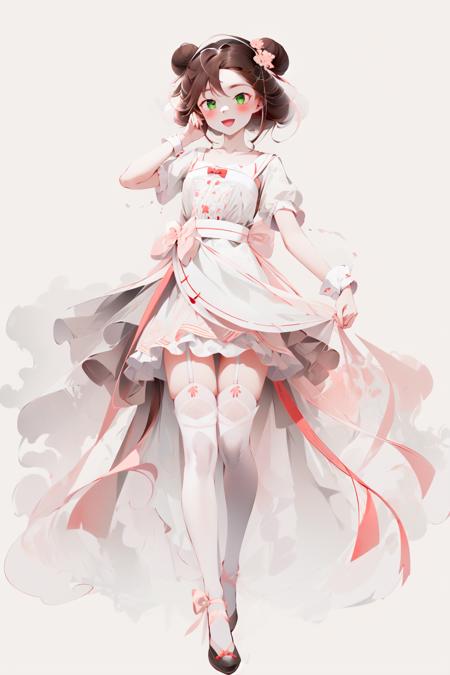 <lora:C_Zen:1:OUTALL>, 1girl, solo, pink hair, dress, thighhighs, full body, brown bow, smile, white background, open mouth, hair bun, braid, garter straps, white thighhighs, looking at viewer, simple background, cone hair bun, hair ornament, bow, green eyes, double bun, ribbon, virtual youtuber, brown dress, wrist cuffs, :d, hairclip, frills, short sleeves, shoes, standing, bangs, hair between eyes, medium hair