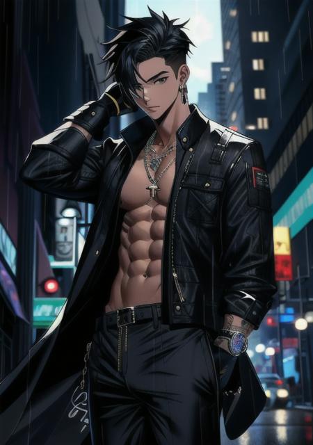 1boy, abs, bandages, black coat, black gloves, black hair, black pants, blurry, blurry background, coat, cowboy shot, dark-skinned male, earrings, fingerless gloves, gloves, hand in pocket, jacket, jewelry, male focus, manly, muscular, necklace, night, outdoors, pants, pectorals, rain, solo, standing, toned, toned male, topless male