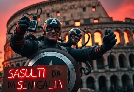 Marvel icons, Captain America and Venom, are caught in a surreal, high-energy selfie in front of the ancient Colosseum, with an unsettling atmosphere creeping into the scene. Captain America, his shield glowing faintly under the dimming light of a blood-red sunset, holds a vintage Kodak MC3 camera, trying to capture the eerie moment. Venom, grinning with malevolent glee, strikes a wild pose, his tendrils snaking around Cap’s shoulders, almost squeezing too tight in a way that blurs the line between playfulness and menace. Behind them, the towering Sion army approaches, their glowing red eyes piercing through the shadows of their insect-like helmets.
The Colosseum looms ominously in the background, its ancient arches casting dark, twisted shadows as if the structure itself is alive. The iconic ruins feel warped, with cracks pulsing as though ready to split open. In the foreground, a neon cardboard sign reads ‘SALUTI DA SENIGALLIA(AN)’ but the letters flicker erratically, with some symbols morphing into eerie, cryptic shapes. Holographic effects ripple unnervingly, and the air around them is thick with swirling dust and mist, giving the scene an otherworldly, haunted feel. The contrast between the decaying landmark, superheroes, and the approaching army creates a chilling snapshot of a reality slipping into chaos
