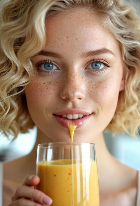 sports clothes, white top, white sporttop, athletic clothing, wide-angle view, full-figure visible, entire body in frame, kitchen overview, spacious composition, head to toe in shot, lips touching glass, glass in front of mouth, (open mouth:1.2), DRINKING, SMOOTHIE:1.5, drinking smoothie, mango smoothie, healthy smoothie, smoothie in glass, perfect fruits, perfect glass, perfect fingers, full body photo, standing in kitchen, kitchen advertisement, full body, happy, smiling, laughing, beautiful girl, short light blonde wavy hair, above shoulder length blond curly hair, bob cut, blue eyes, blue eyes:1.1, perfect eyes, extremely detailed eyes, extremely detailed face, textured skin, photorealistic, hyperdetailed:1.2, insane details, natural look, cute face, stunningly beautiful, pale skin, freckles, blush, detailed skin, extremely detailed, 1girl, shoulders, arms, breasts, hips, hands, perfect hands, perfect feet, perfect eyes, perfect nails, upper legs, legs, happy, open mouth, perfect teeth, in the kitchen, marble kitchen block, modern kitchen, 4K, RAW, best quality, masterpiece, ultra-detailed, hyperrealism:1.2, RAW photo, best quality, realistic, photo-realistic:1.3, best quality, masterpiece, extremely delicate and beautiful, extremely detailed natural lighting, bokeh:1.2, Porta 160 color, shot on ARRI ALEXA 65, Fujifilm XT-3, WARMER LIGHTING, sunny kitchen, warm sunlight, sun rays, inviting atmosphere