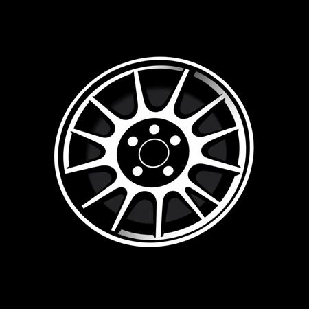 (stylized logo, emblem, vector art), (car wheel), (solid colors, thick-linework), white outline, black background, 
car wheel symbol white in the center, heraldic, black background, HDR, UHD,